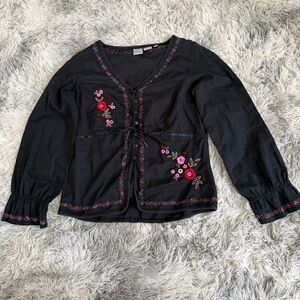 Vintage Black embroidered blouse with pink accents